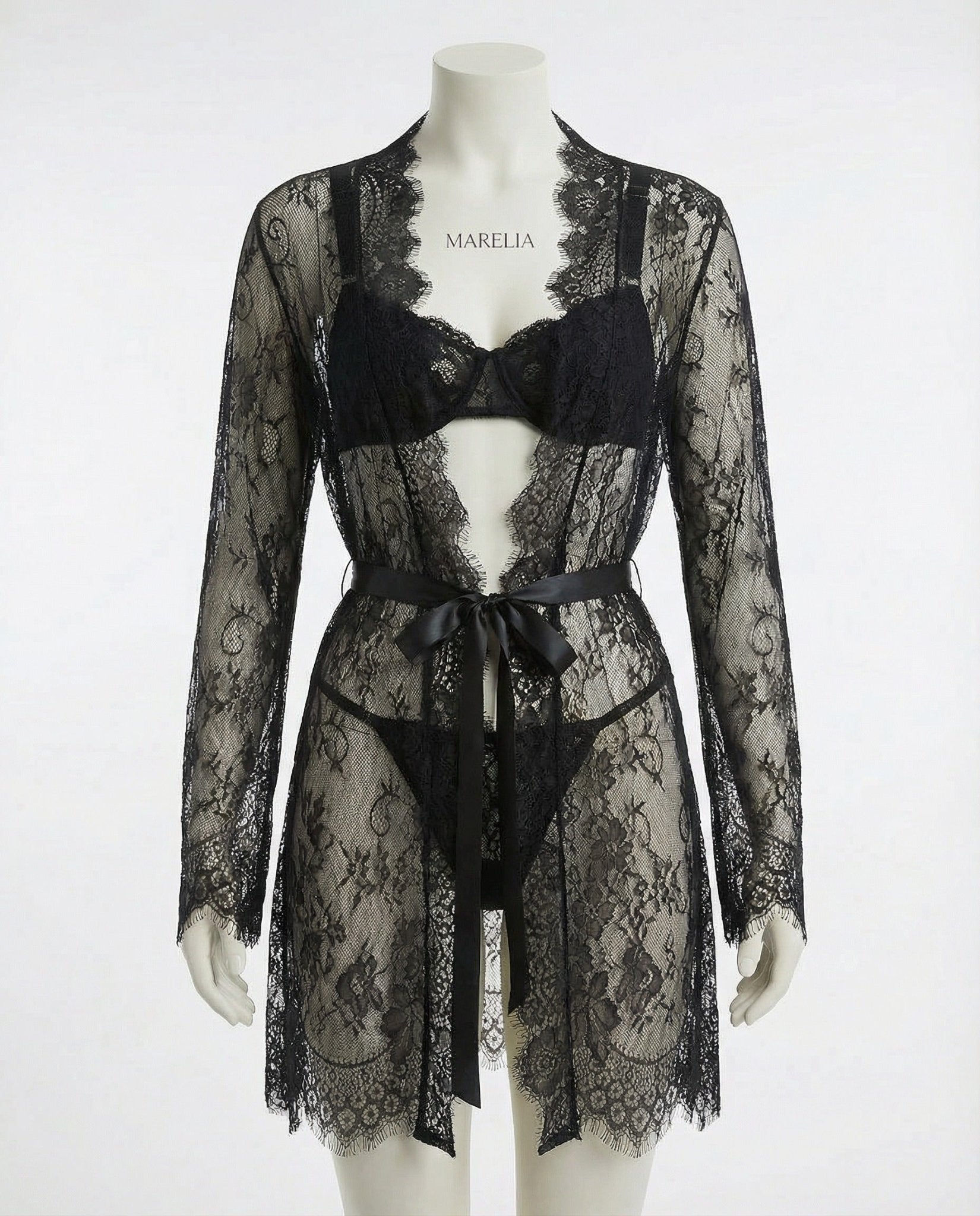 Black Sheer Floral Lace Kimono Robe - MARELIA