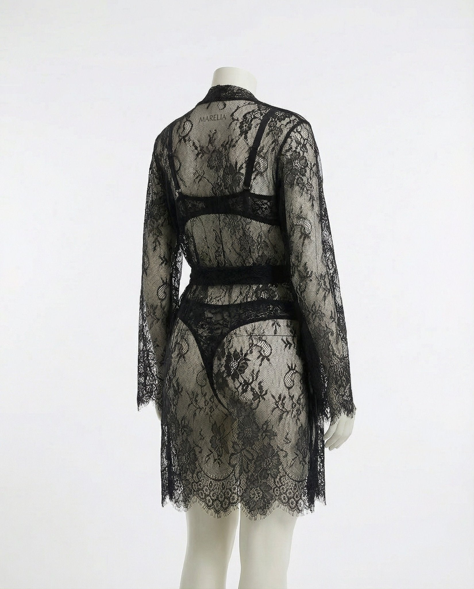 Black Sheer Floral Lace Kimono Robe - MARELIA