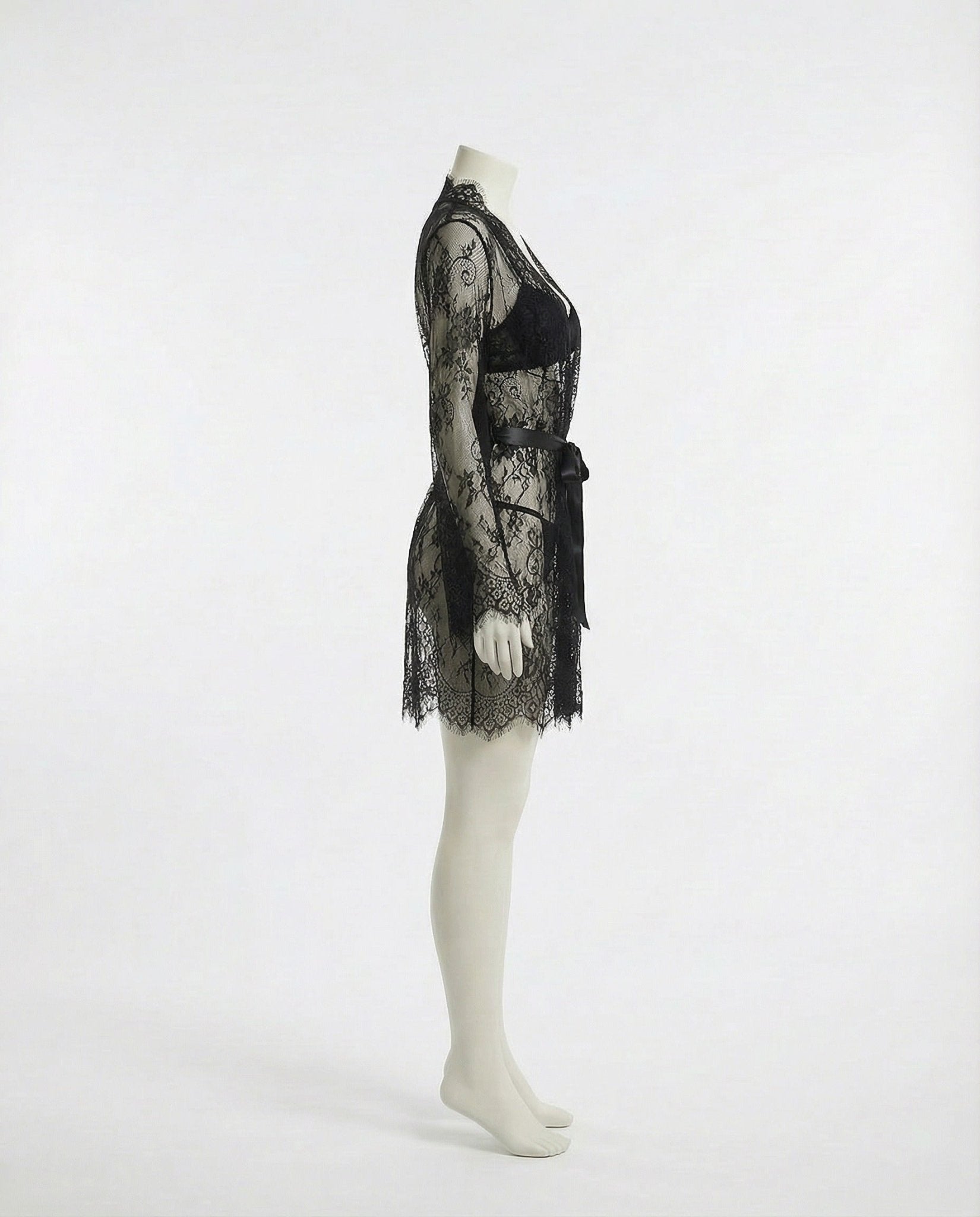 Black Sheer Floral Lace Kimono Robe - MARELIA