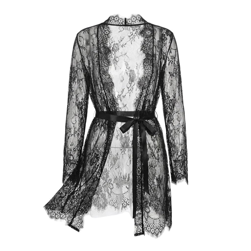 Black Sheer Floral Lace Kimono Robe - MARELIA