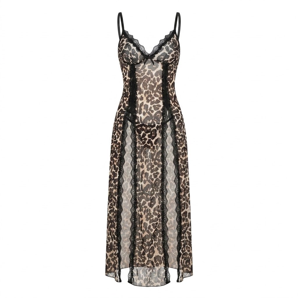 Leopard Sheer Floral Lace Chemise - MARELIA