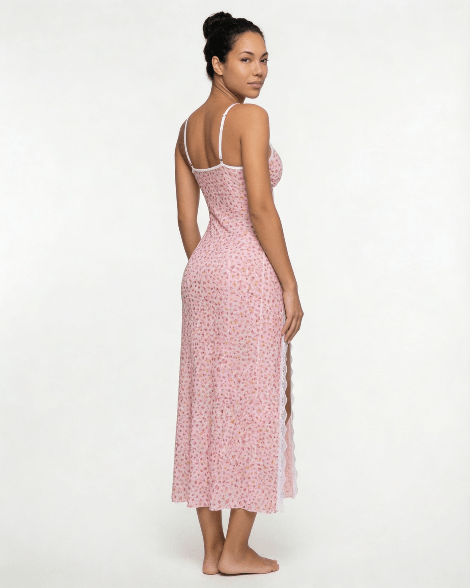 Pink Sheer Floral Lace Chemise - MARELIA