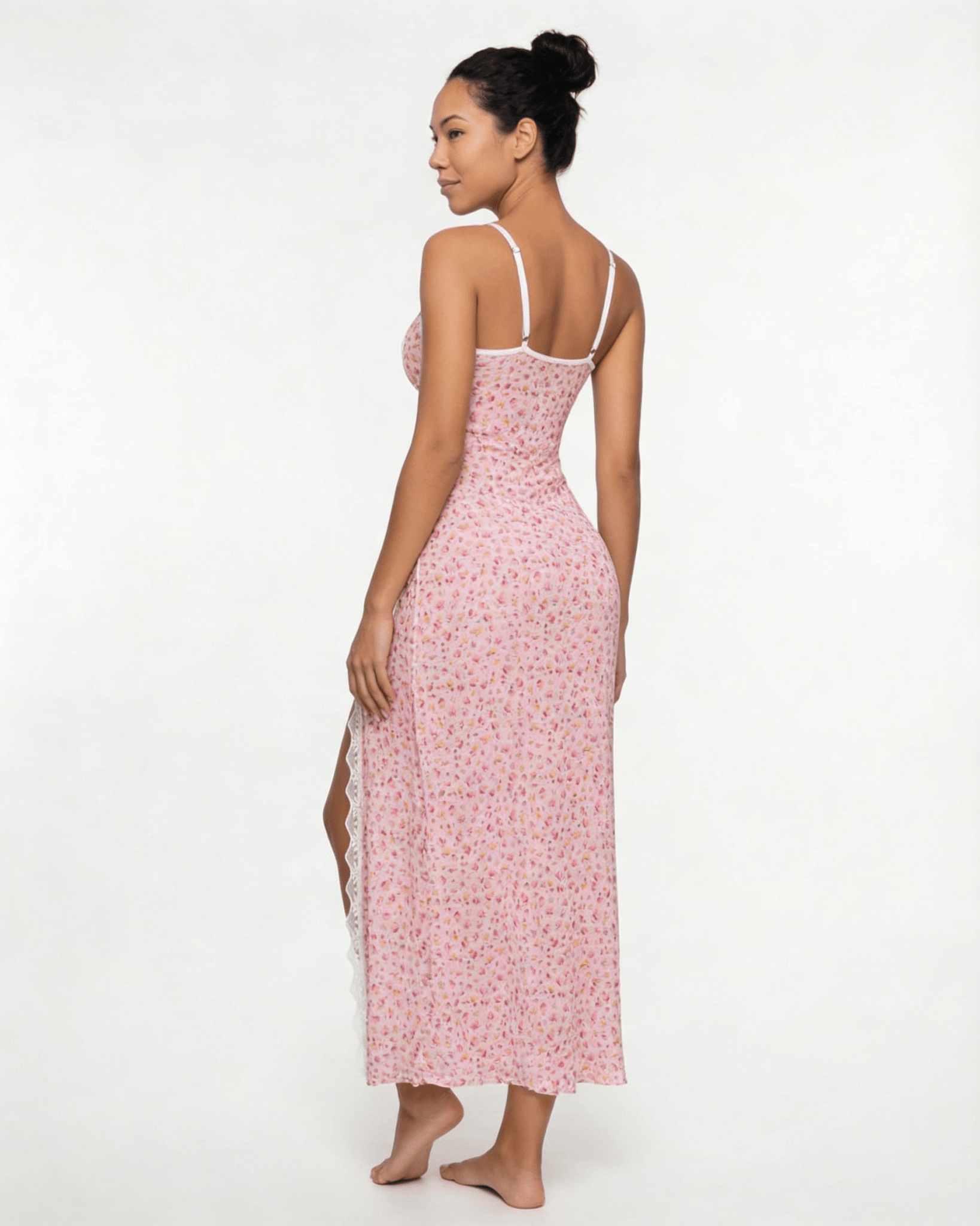 Pink Sheer Floral Lace Chemise - MARELIA