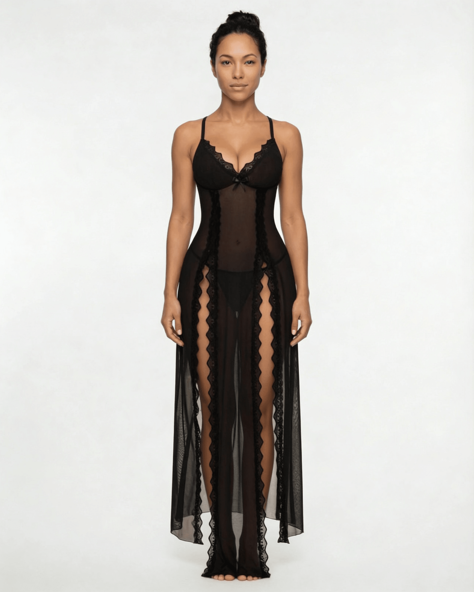 Black Sheer Floral Lace Chemise - MARELIA