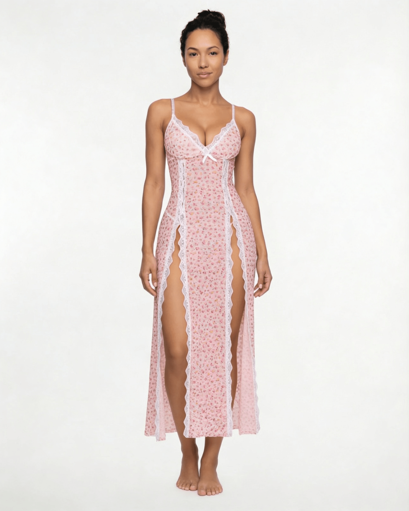 Pink Sheer Floral Lace Chemise - MARELIA