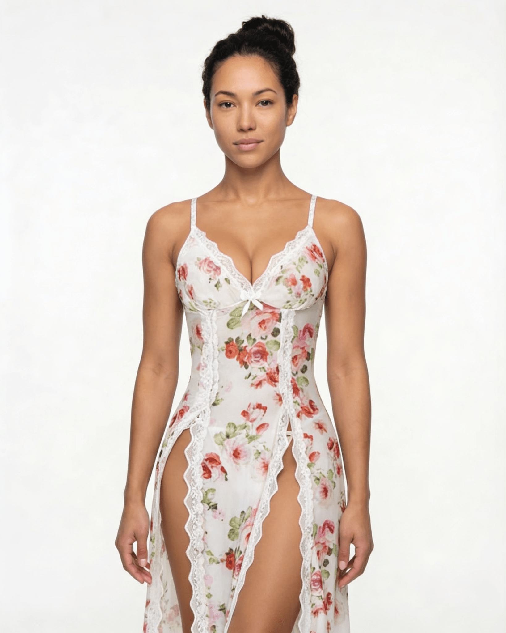 White floral Sheer Floral Lace Chemise - MARELIA