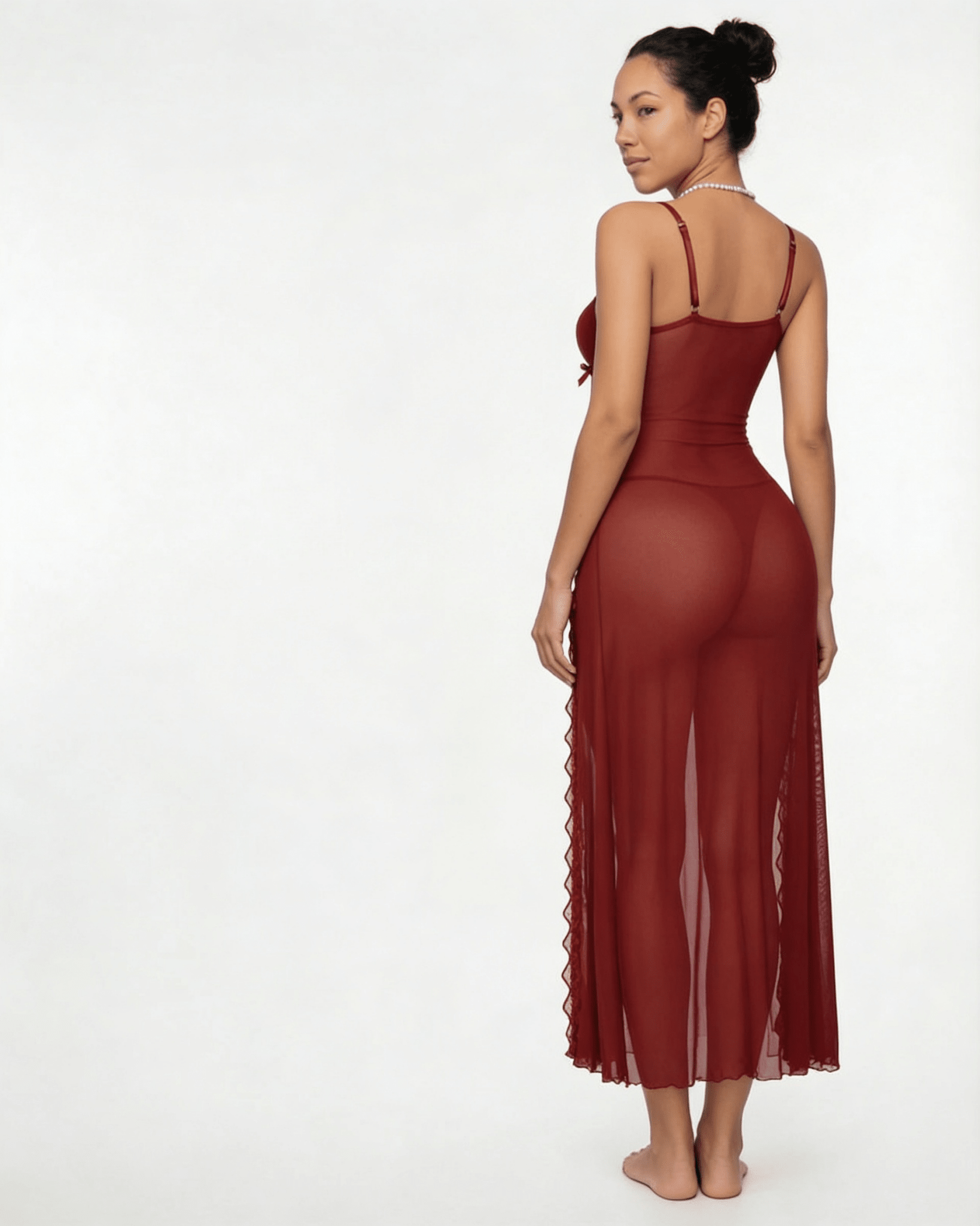 Burgundy Sheer Floral Lace Chemise - MARELIA