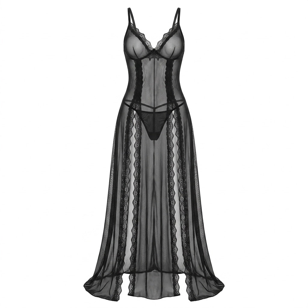 Black Sheer Floral Lace Chemise - MARELIA