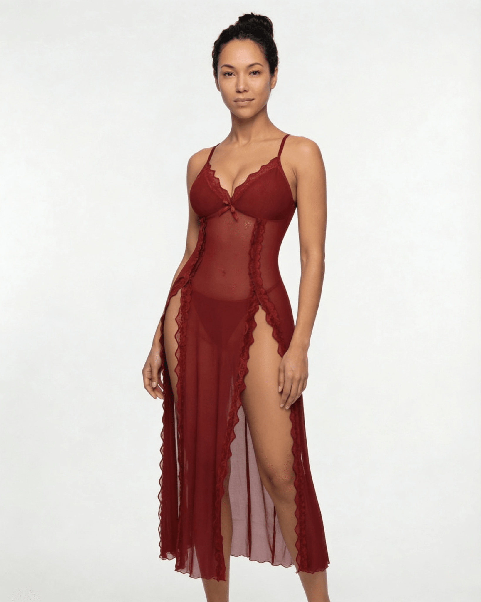 Burgundy Sheer Floral Lace Chemise - MARELIA