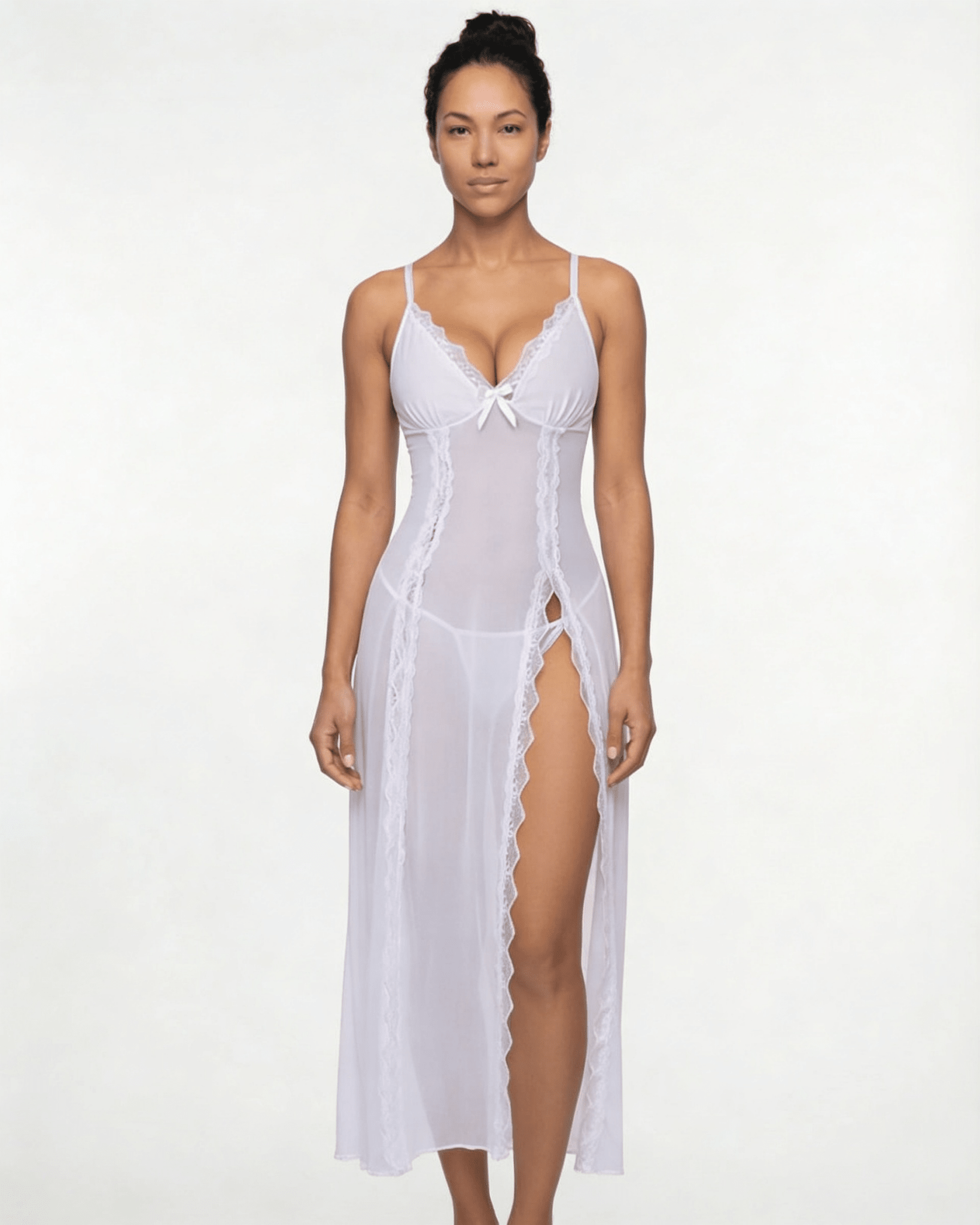 White Sheer Floral Lace Chemise - MARELIA