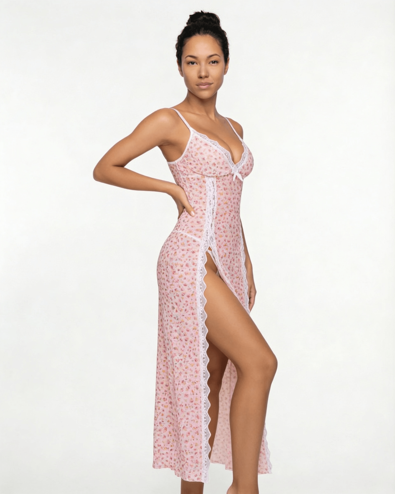 Pink Sheer Floral Lace Chemise - MARELIA