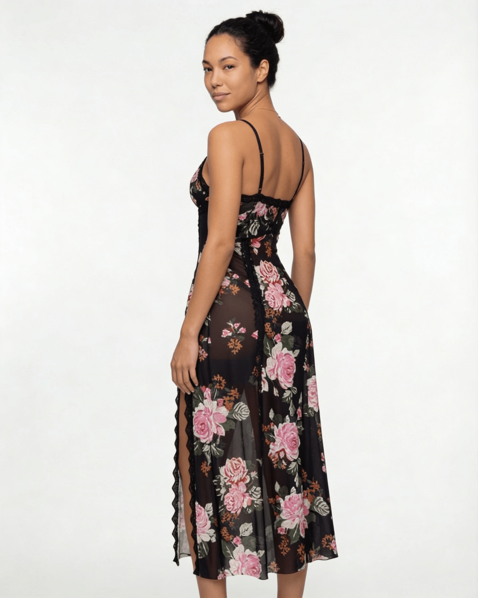 Black floral Sheer Floral Lace Chemise - MARELIA