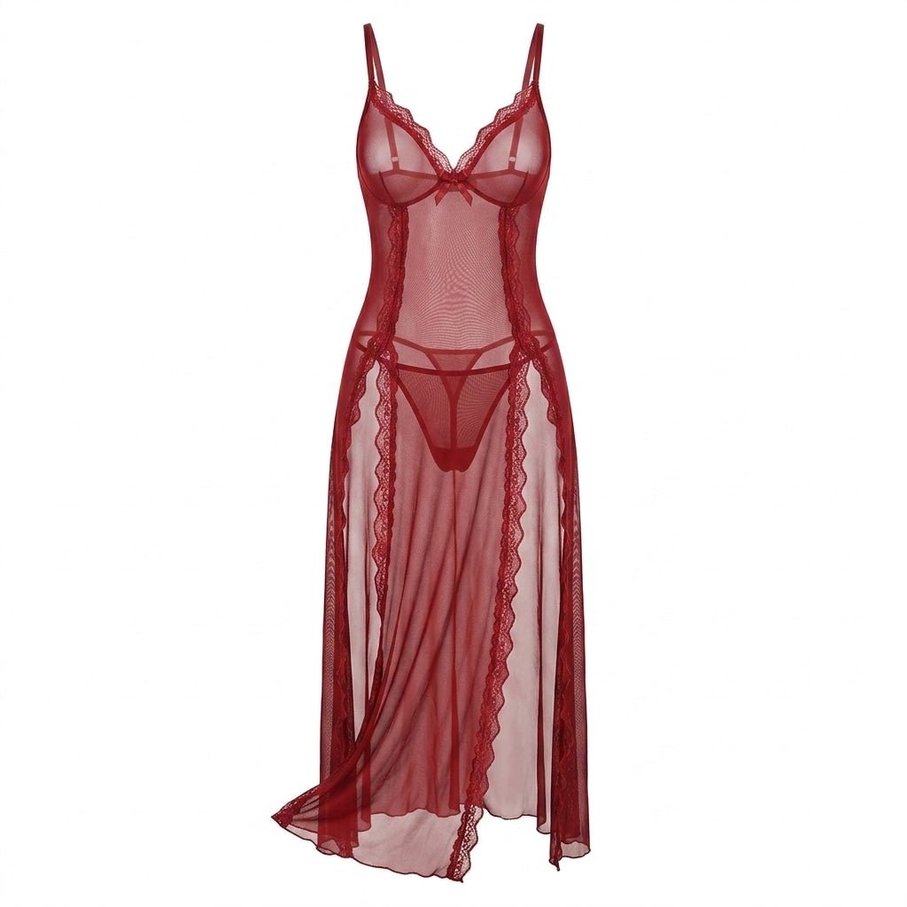 Burgundy Sheer Floral Lace Chemise - MARELIA