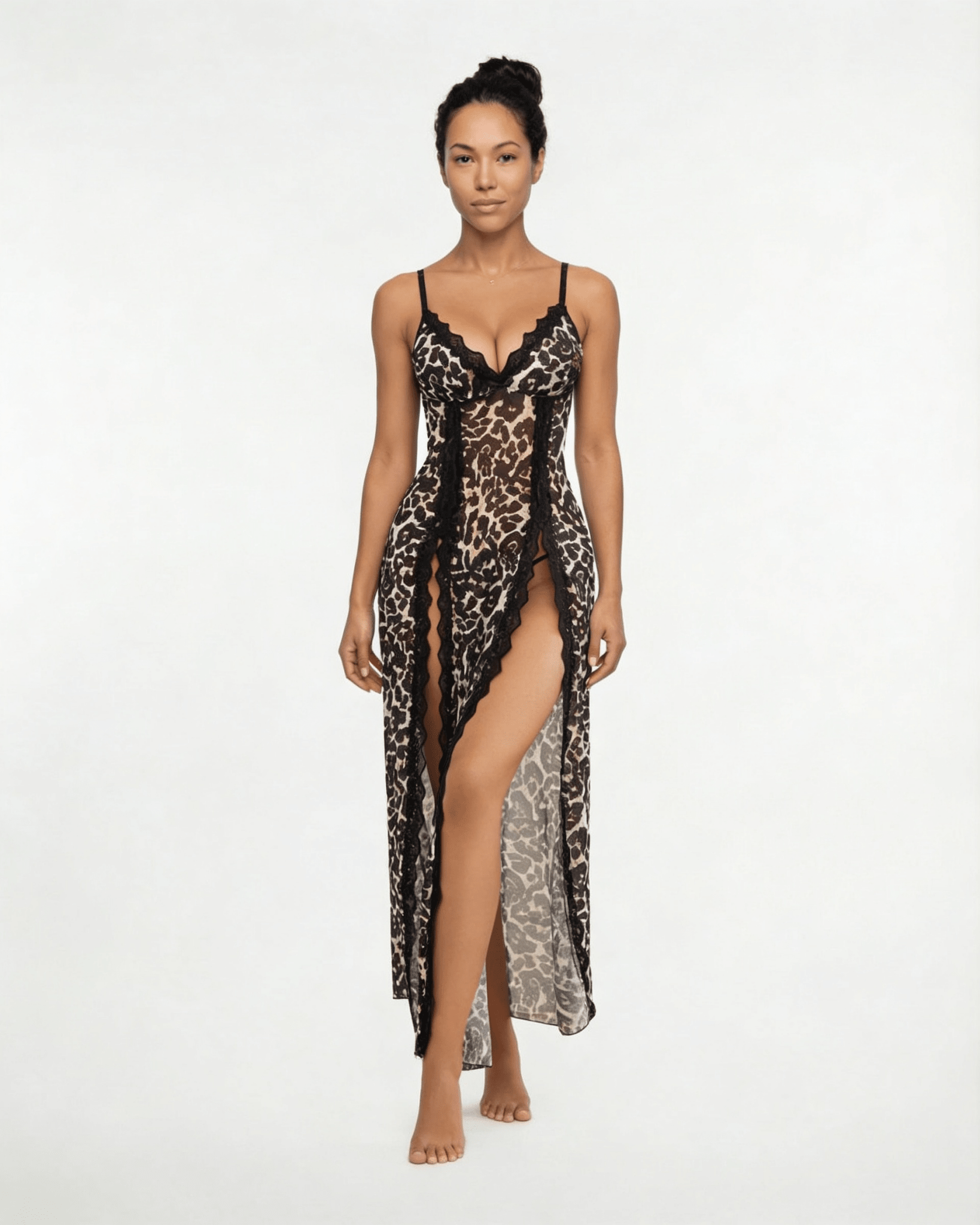Leopard Sheer Floral Lace Chemise - MARELIA