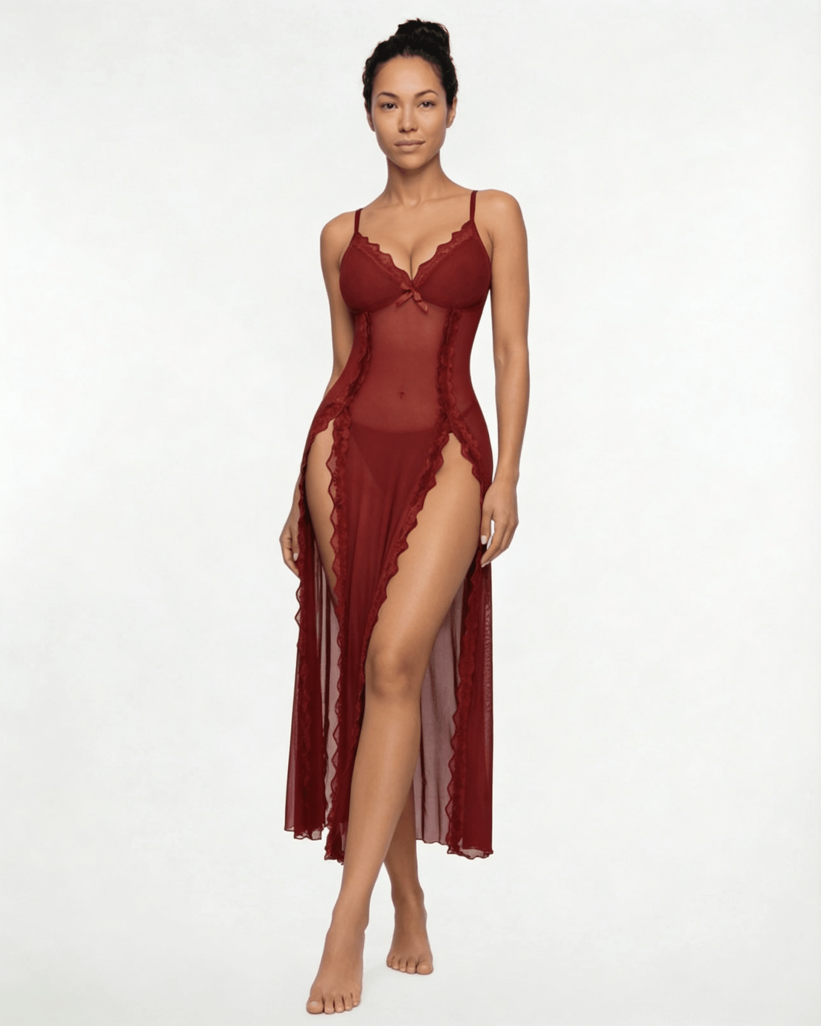 Burgundy Sheer Floral Lace Chemise - MARELIA