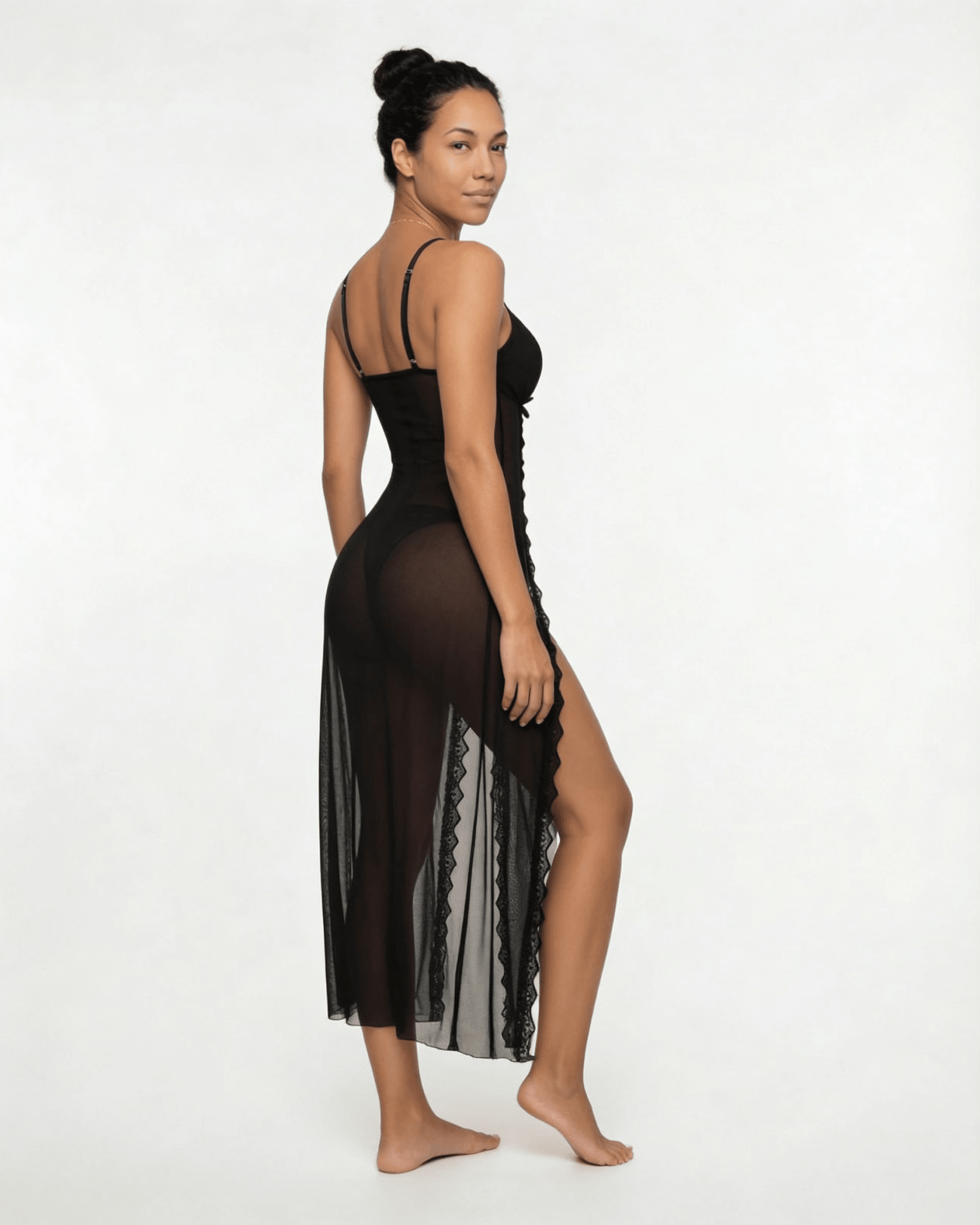 Black Sheer Floral Lace Chemise - MARELIA