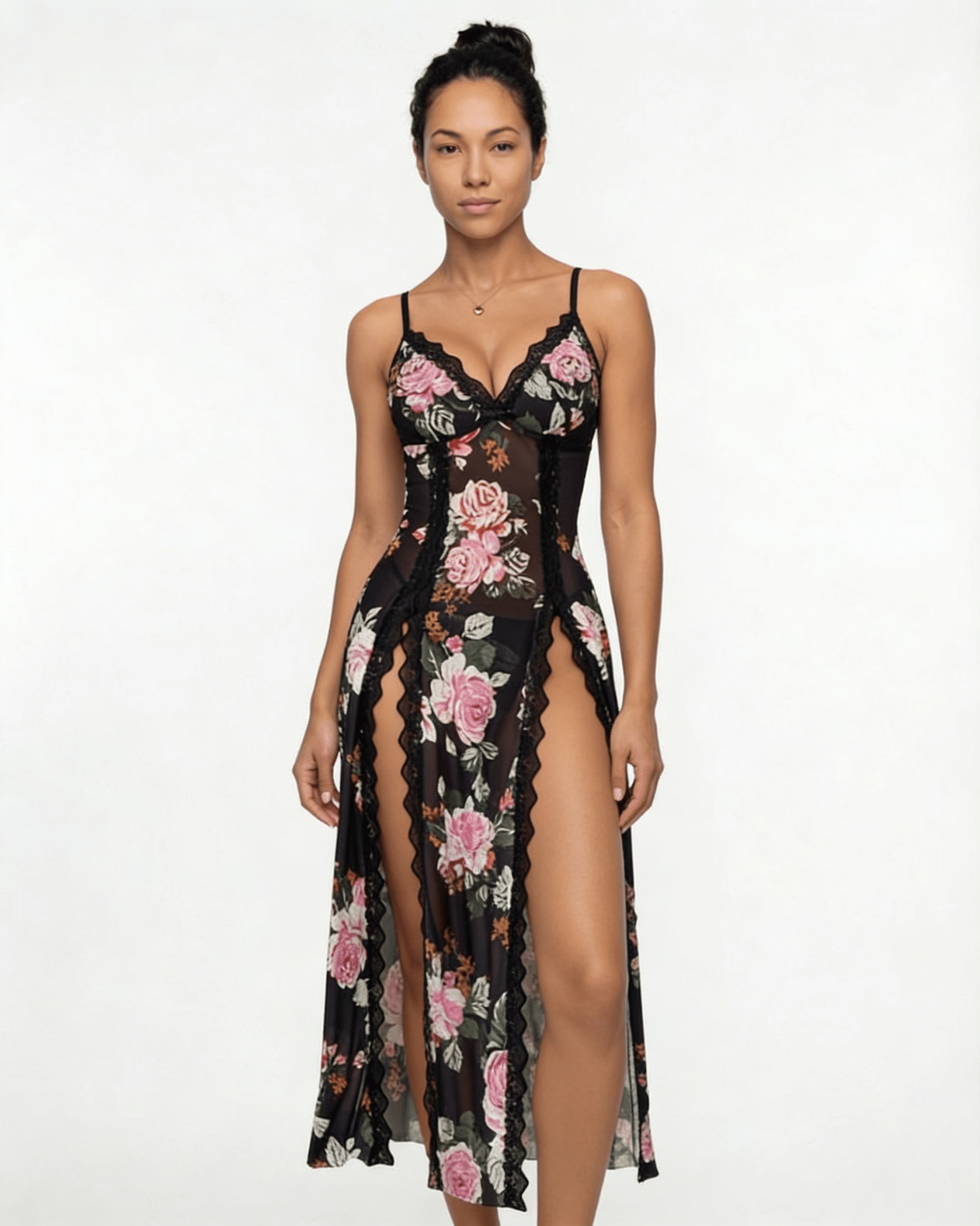 Black floral Sheer Floral Lace Chemise - MARELIA