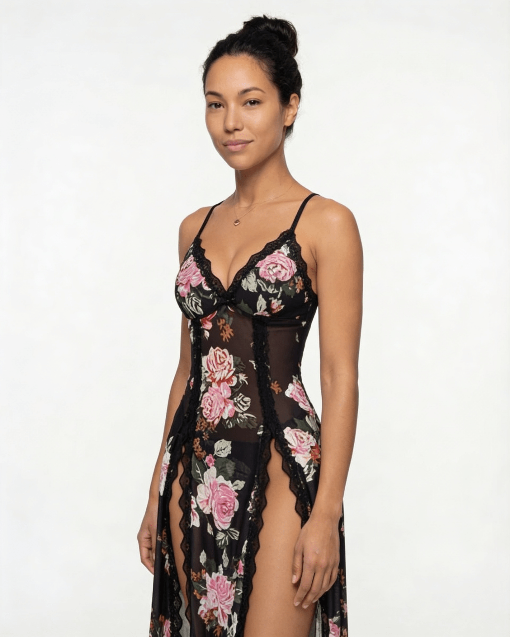 Black floral Sheer Floral Lace Chemise - MARELIA