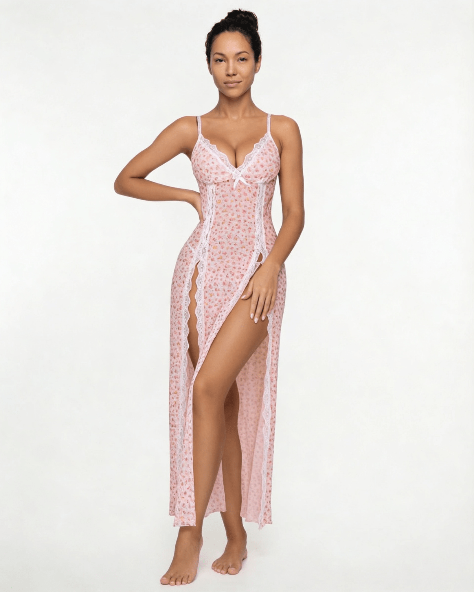 Pink Sheer Floral Lace Chemise - MARELIA