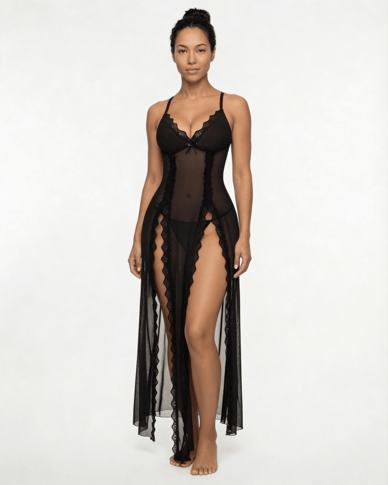 Black Sheer Floral Lace Chemise - MARELIA