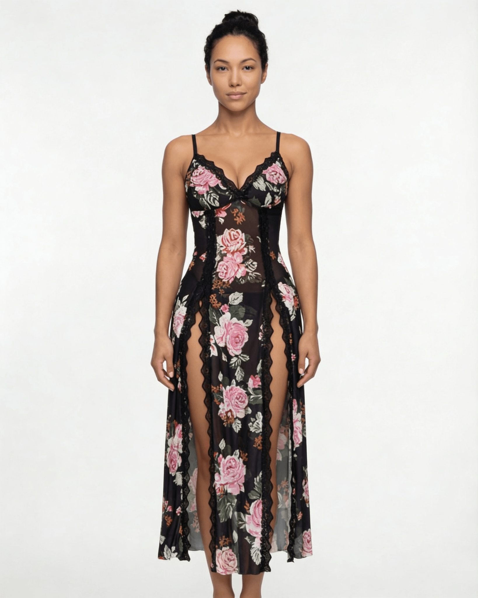 Black floral Sheer Floral Lace Chemise - MARELIA