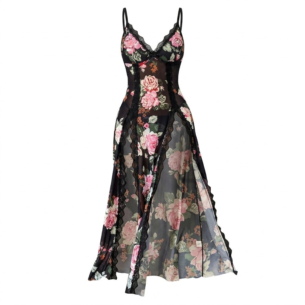 Black floral Sheer Floral Lace Chemise - MARELIA