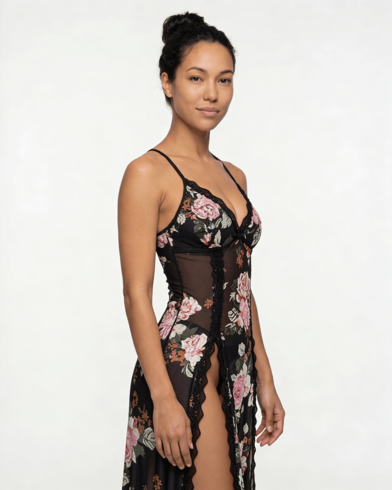 Black floral Sheer Floral Lace Chemise - MARELIA