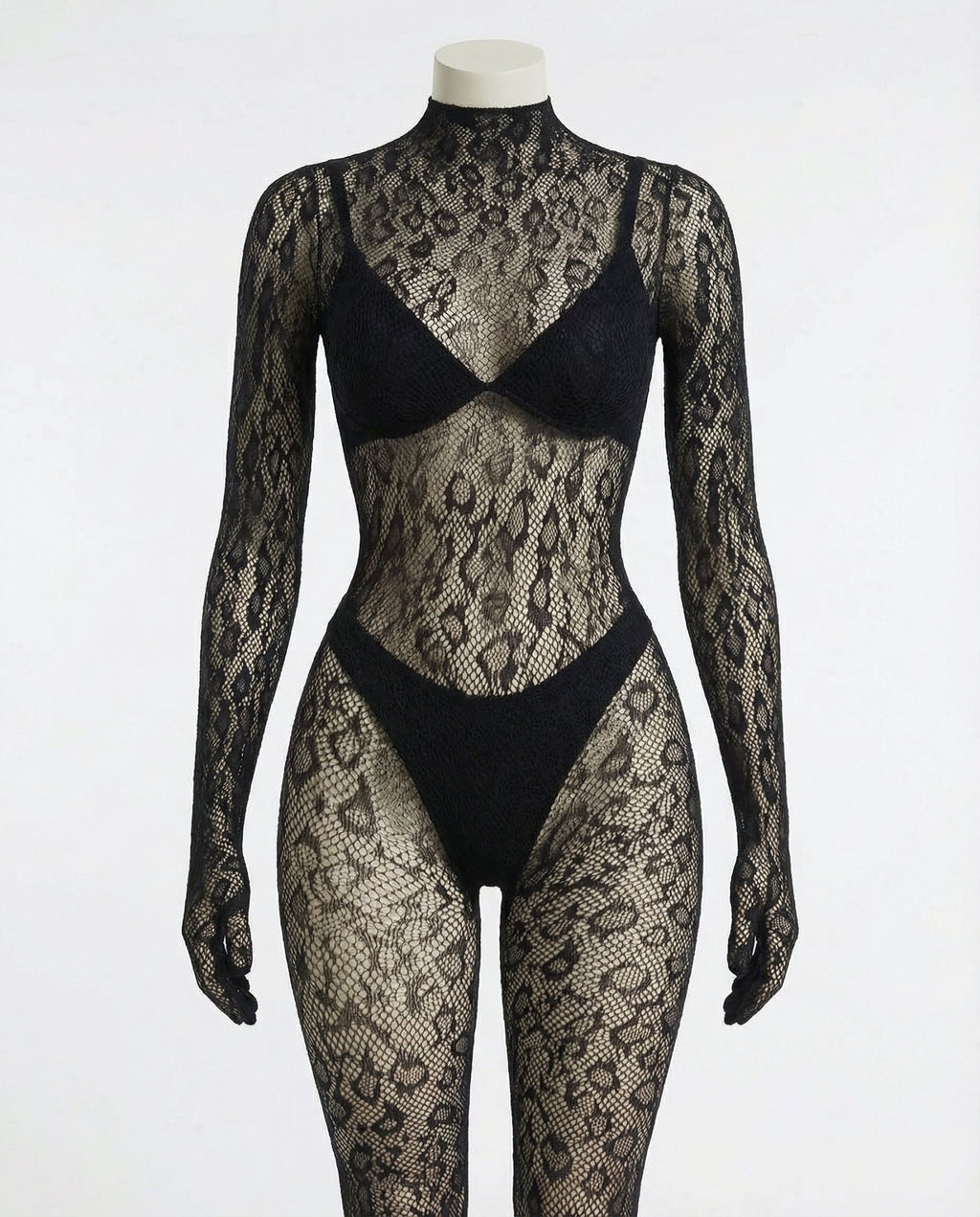 Black Sheer Lace Long Sleeve Bodysuit - Marelia