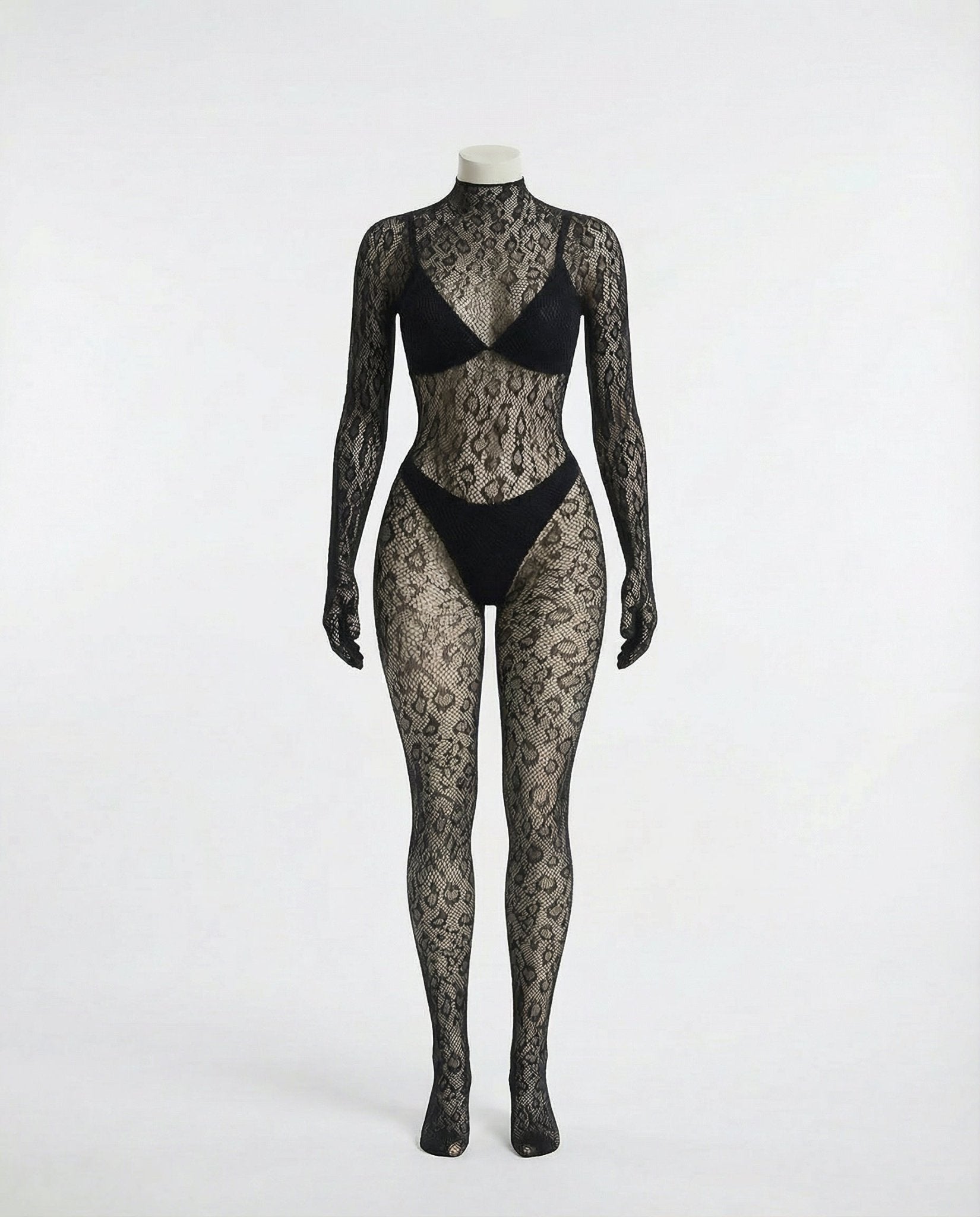 Black Sheer Lace Long Sleeve Bodysuit - Marelia