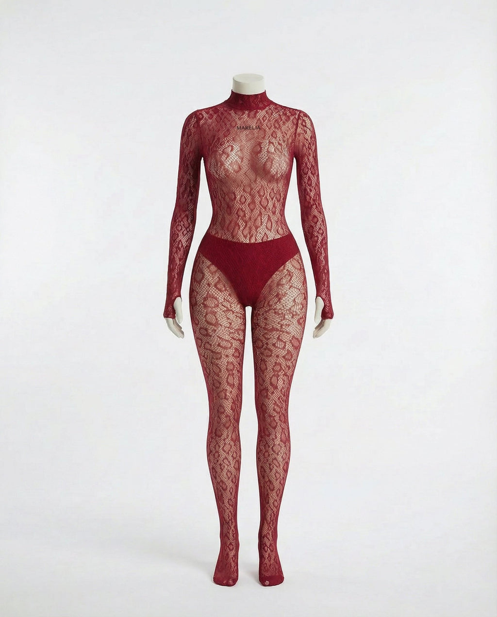 Burgundy Sheer Lace Long Sleeve Bodysuit - Marelia
