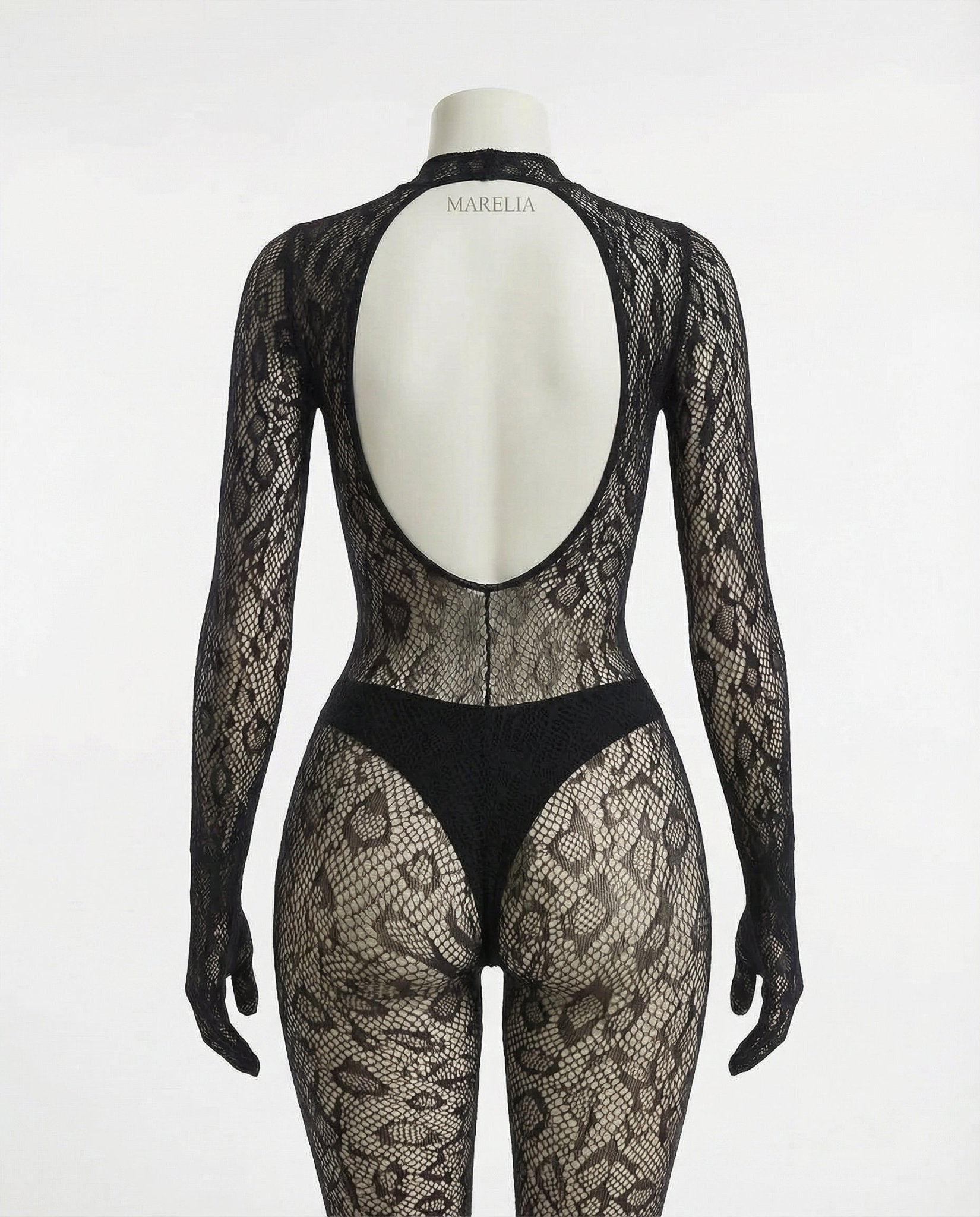 Black Sheer Lace Long Sleeve Bodysuit - Marelia