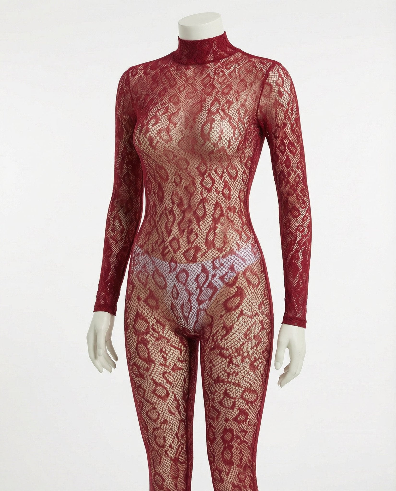 Burgundy Sheer Lace Long Sleeve Bodysuit - Marelia