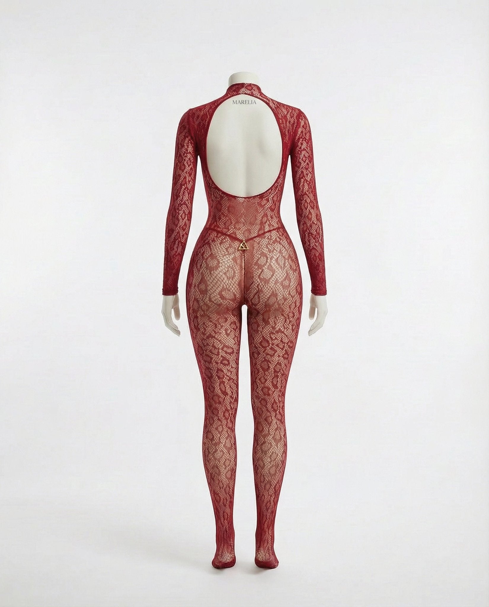 Burgundy Sheer Lace Long Sleeve Bodysuit - Marelia