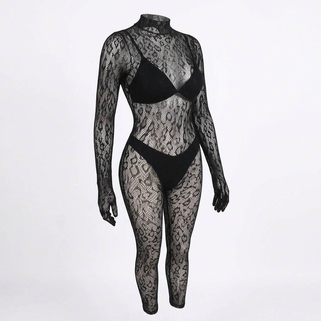 Black Sheer Lace Long Sleeve Bodysuit - Marelia