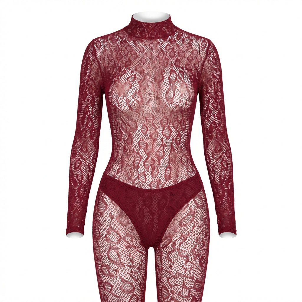 Burgundy Sheer Lace Long Sleeve Bodysuit - Marelia
