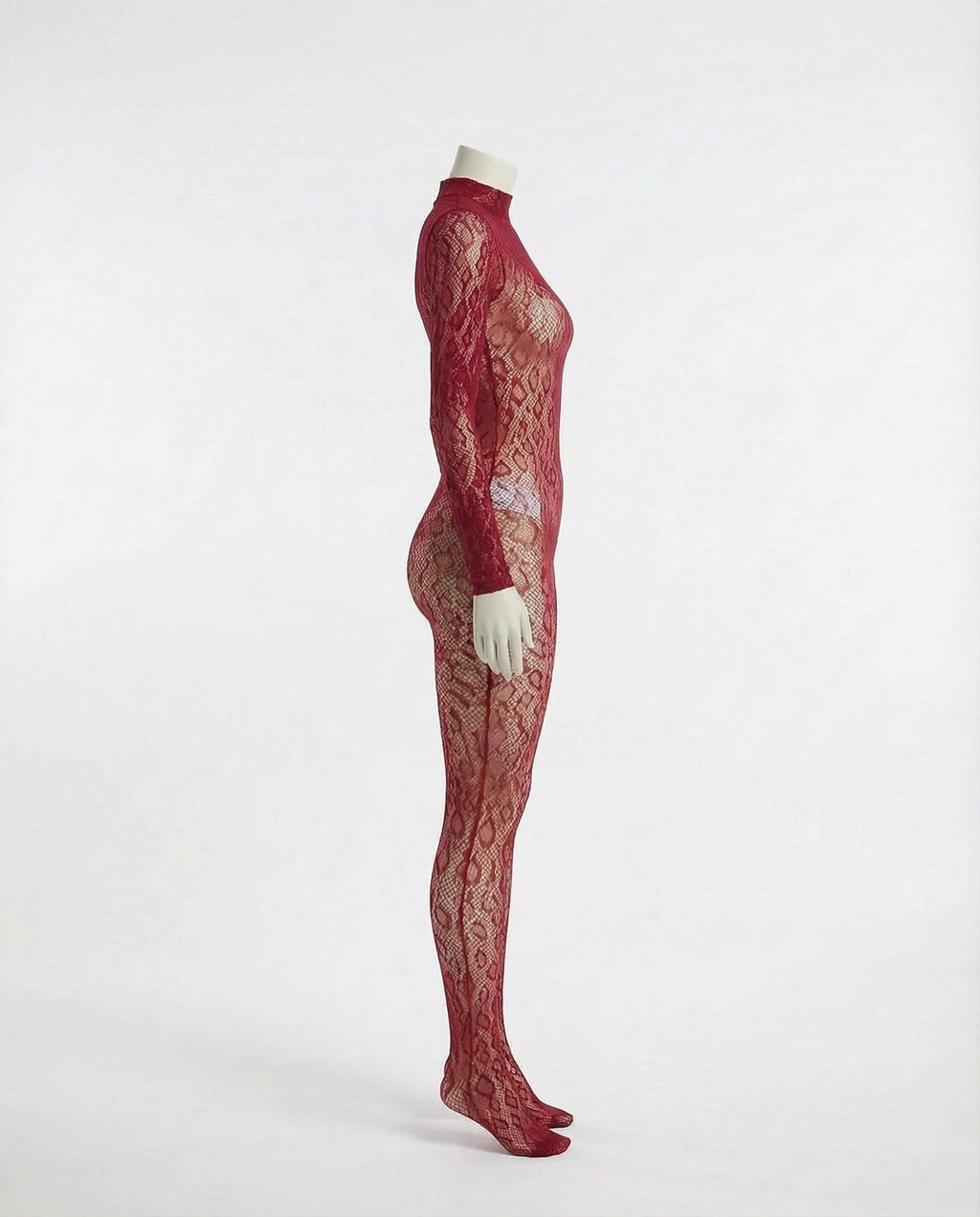 Burgundy Sheer Lace Long Sleeve Bodysuit - Marelia