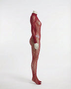 Burgundy Sheer Lace Long Sleeve Bodysuit - Marelia