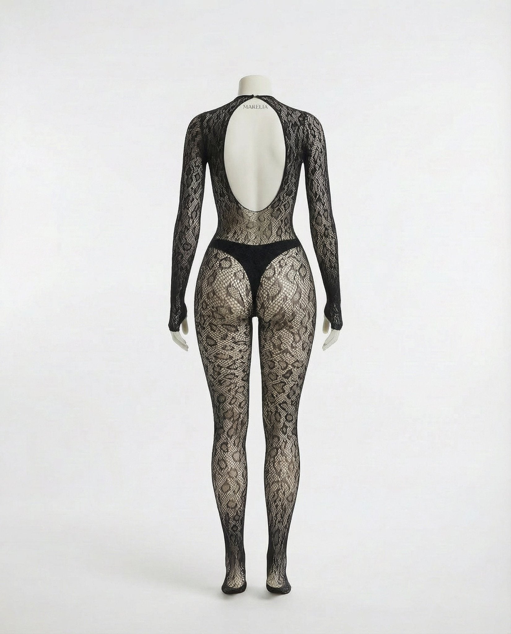 Black Sheer Lace Long Sleeve Bodysuit - Marelia