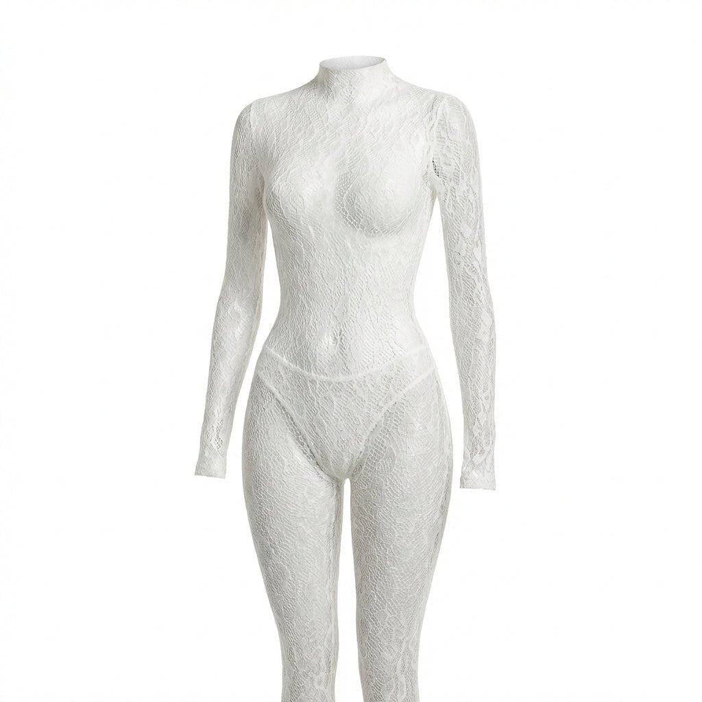 White Sheer Lace Long Sleeve Bodysuit - Marelia