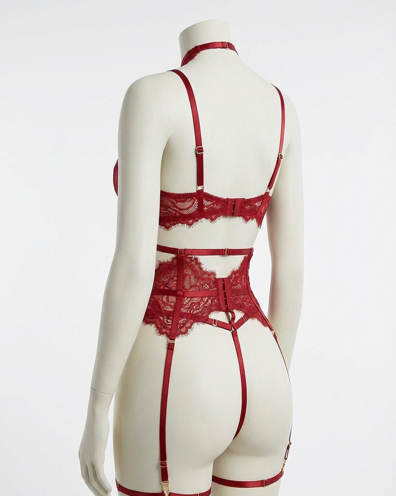 Burgundy Floral Lace Corset Four Piece Set - MARELIA