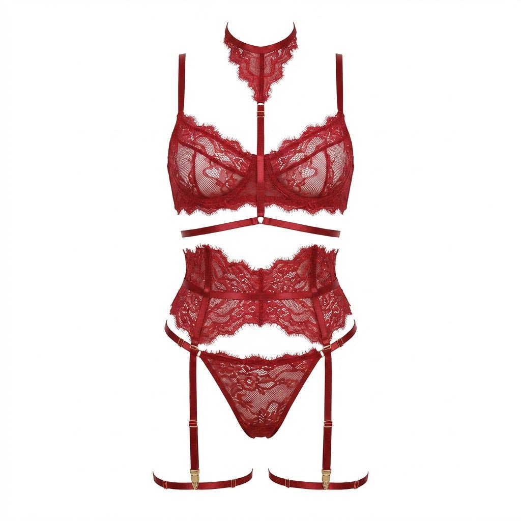 Burgundy Sheer Lace Underwired Four Piece Lingerie Set - MARELIA