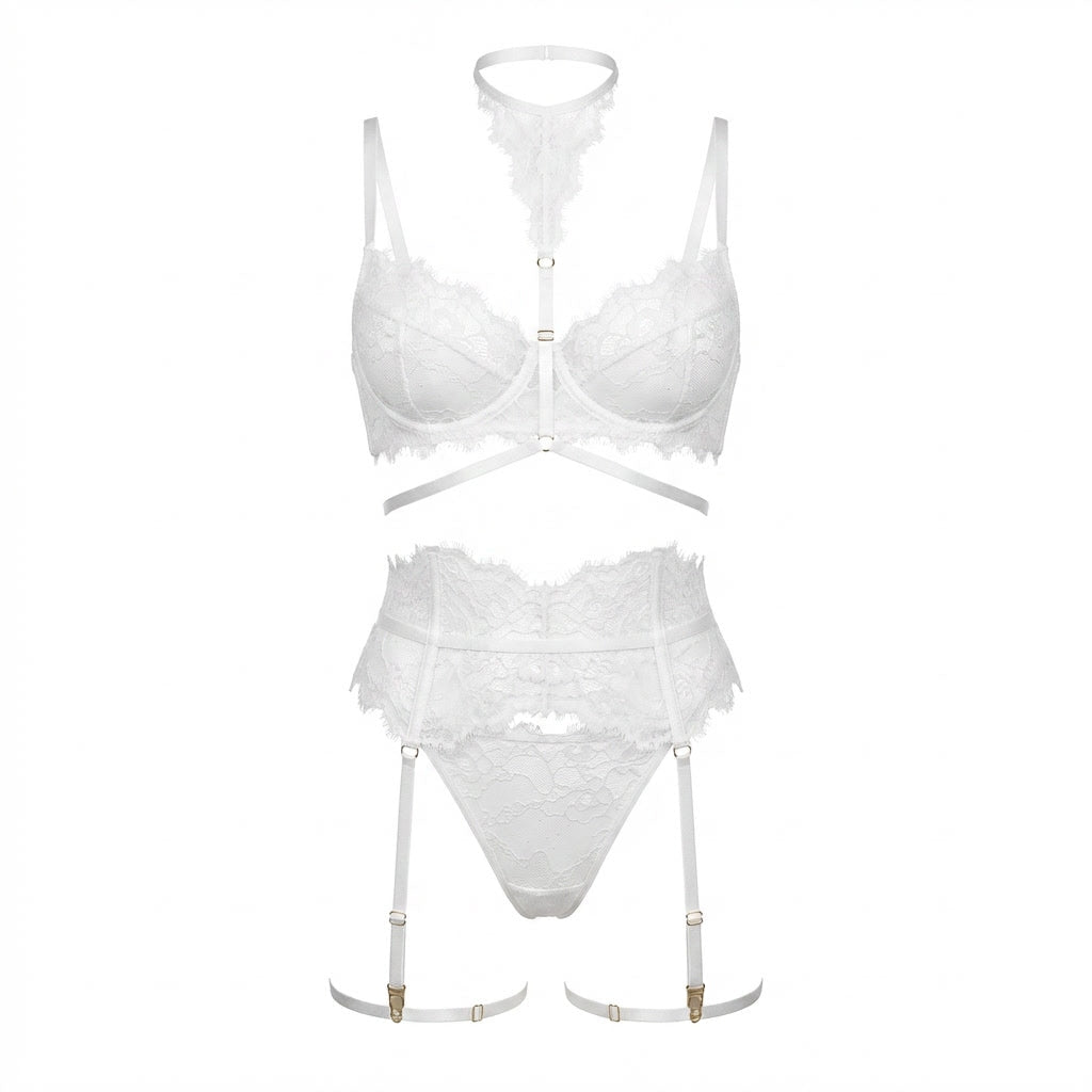 White Sheer Lace Underwired Four Piece Lingerie Set - MARELIA