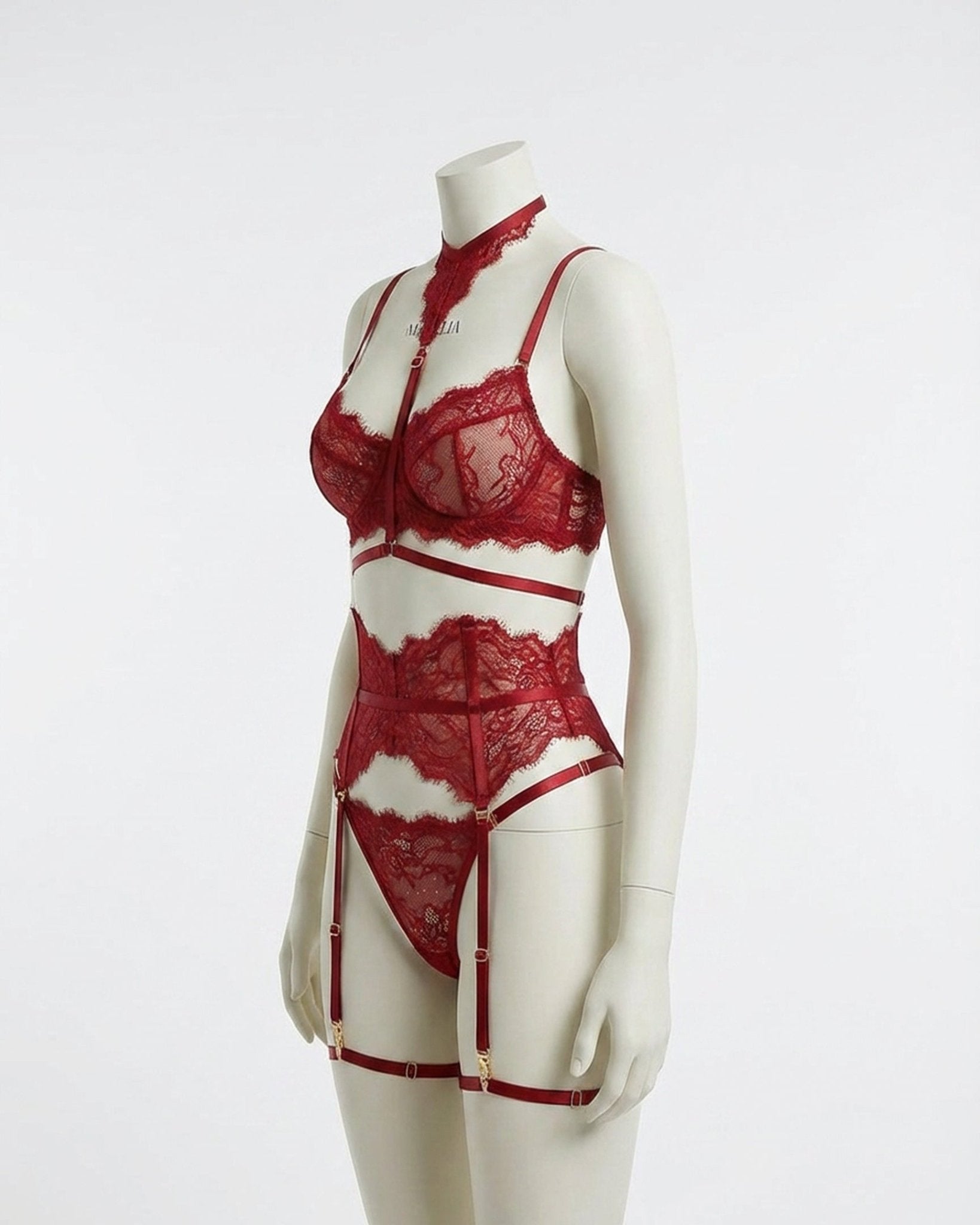 Burgundy Floral Lace Corset Four Piece Set - MARELIA