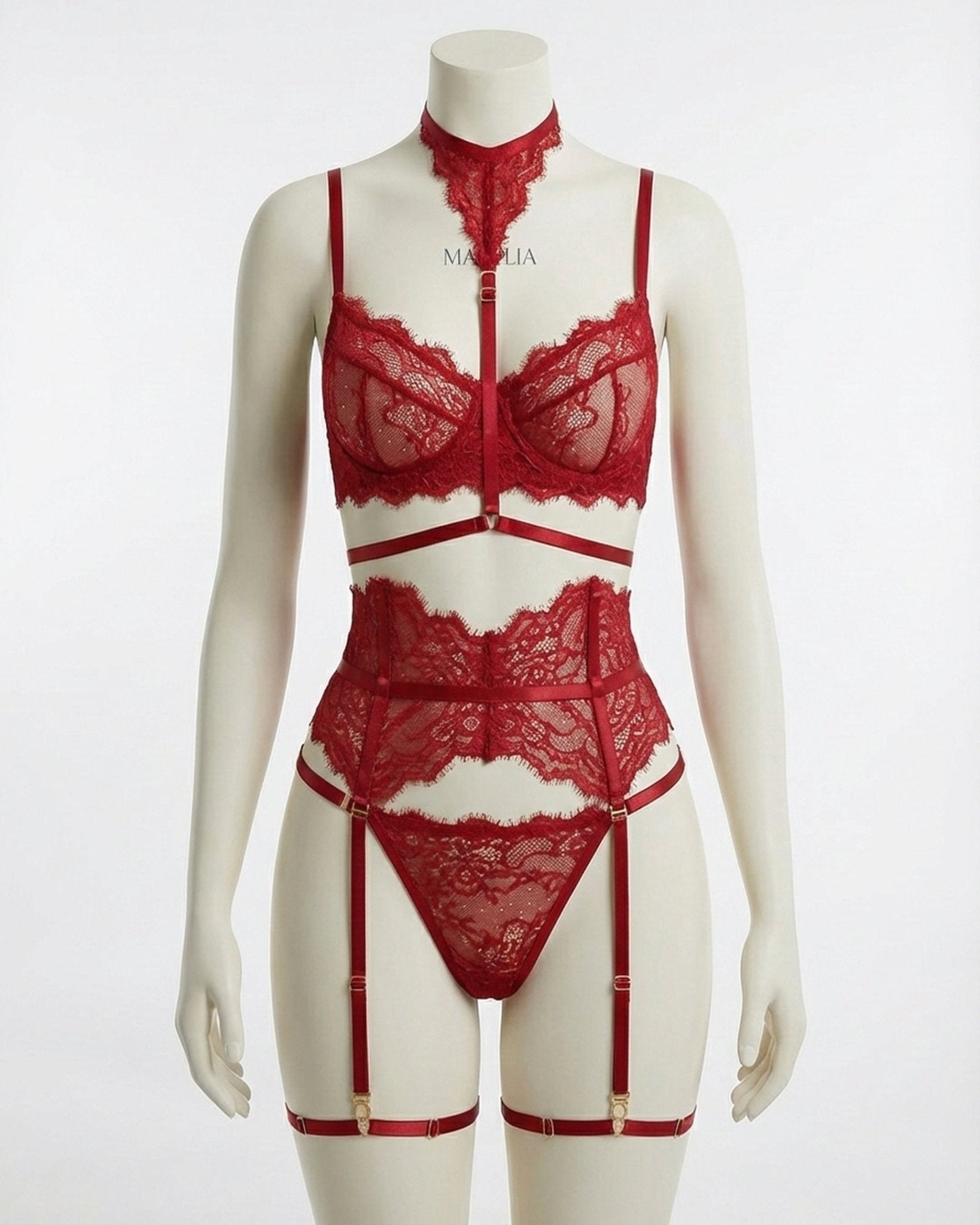 Burgundy Floral Lace Corset Four Piece Set - MARELIA