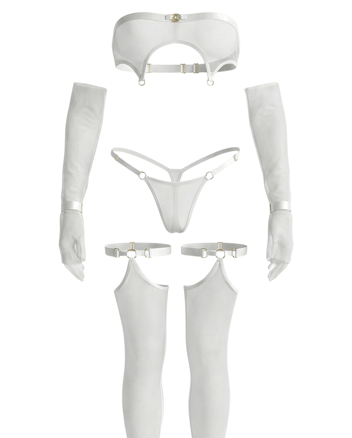 White Sheer Mesh Bandeau Set With Stockings And Arm Sleeves - Marelia
