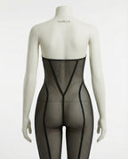 Black Sheer Mesh Bodystocking With Front Zip And G-String Set - Marelia