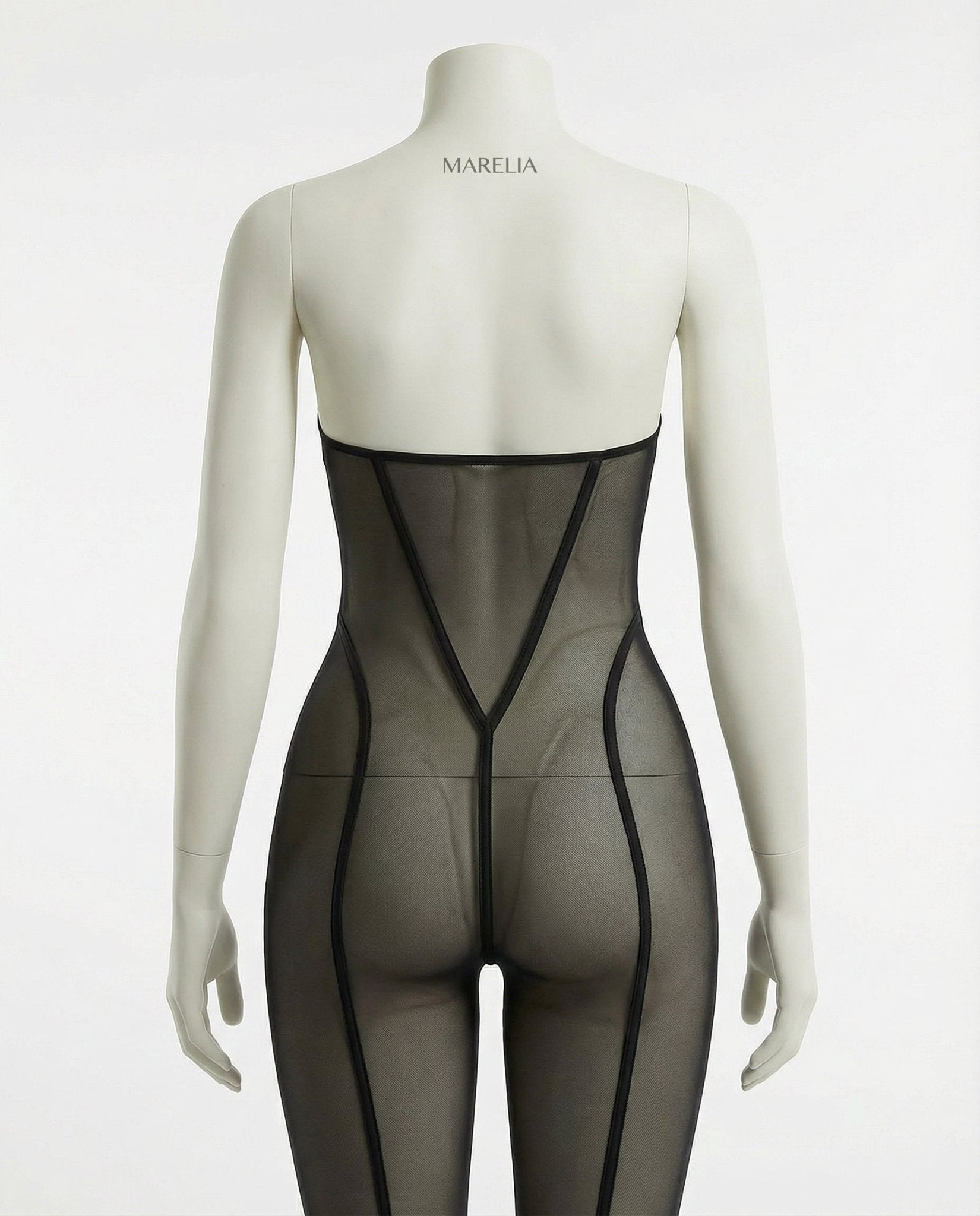 Black Sheer Mesh Bodystocking With Front Zip And G-String Set - Marelia