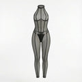 Black Sheer Mesh Bodystocking With Front Zip And G-String Set - Marelia