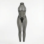 Black Sheer Mesh Bodystocking With Front Zip And G-String Set - Marelia