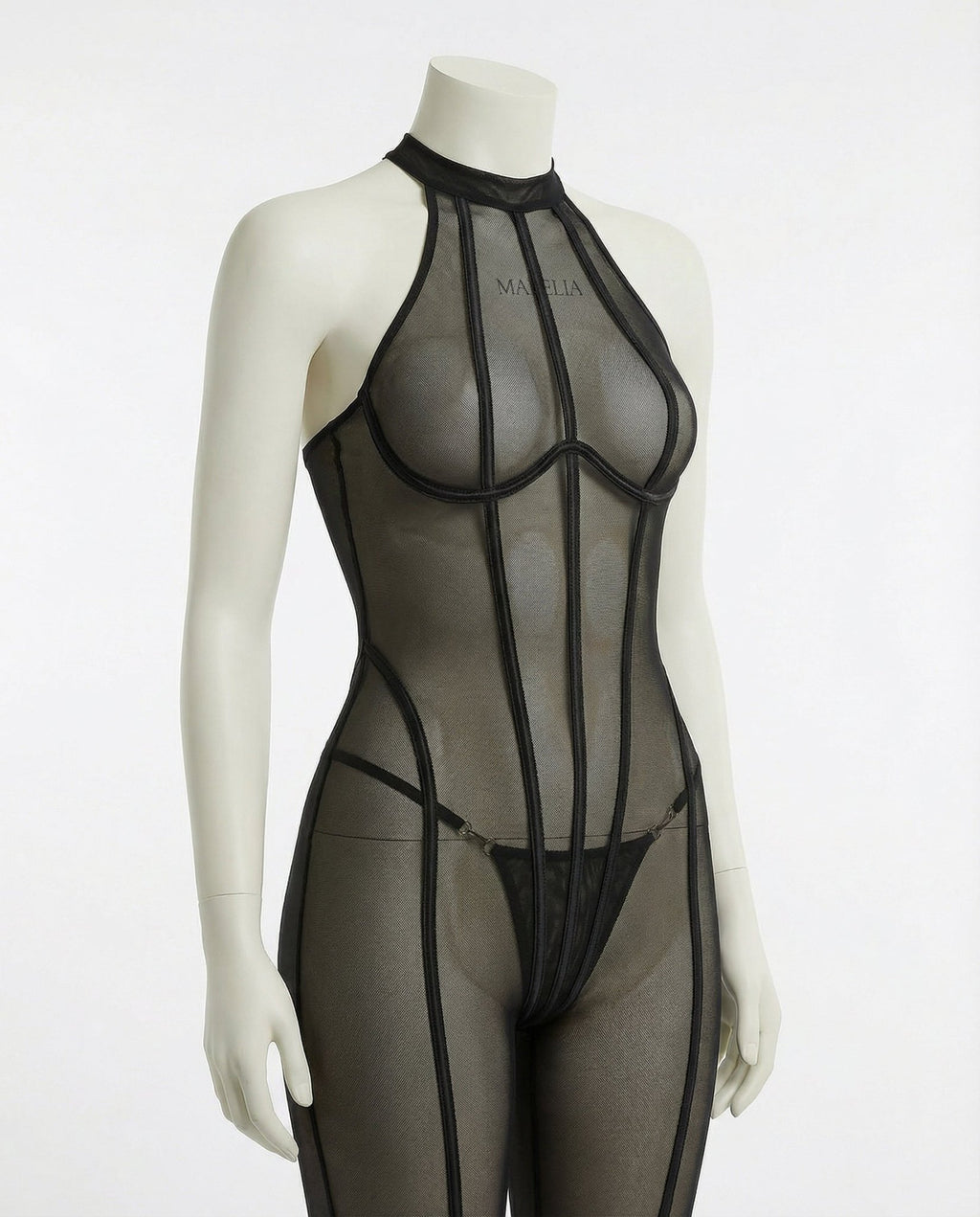 Black Sheer Mesh Bodystocking With Front Zip And G-String Set - Marelia